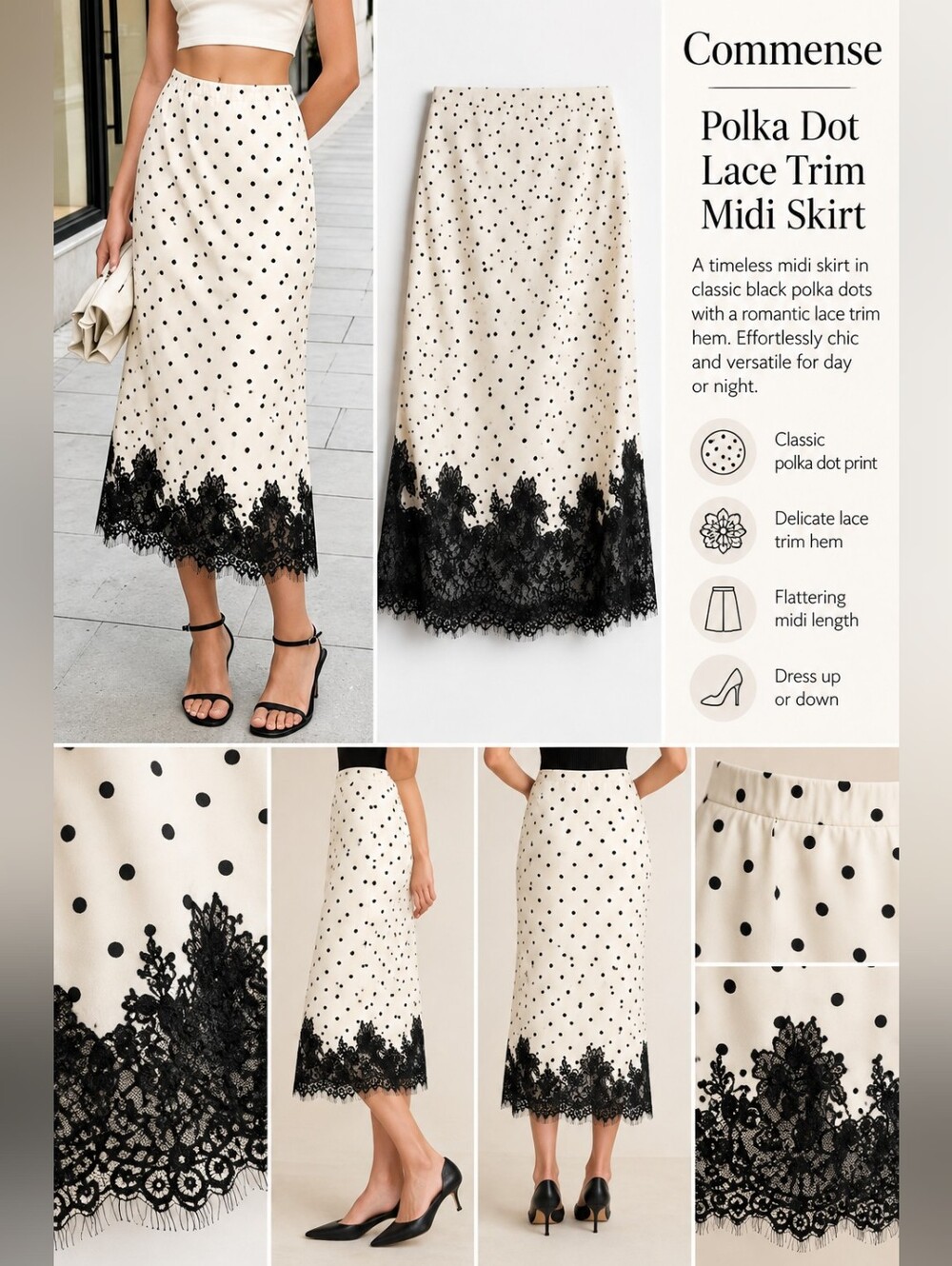 NWT Commense Cream Midi Skirt with Black Polka Dots & Black Lace